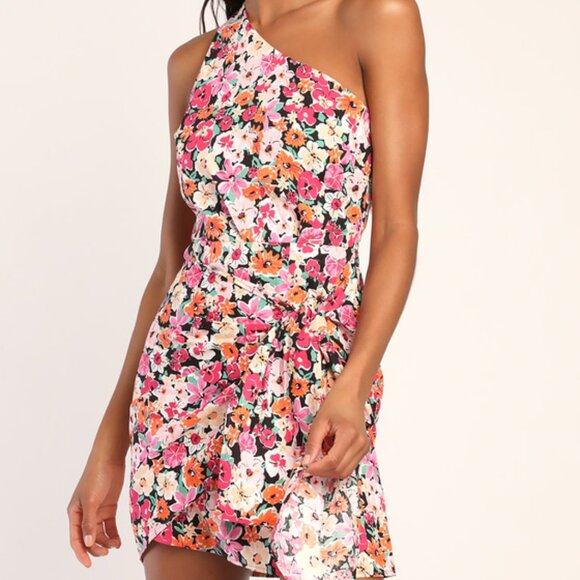 Lulus Gorgeous Garden Pink Floral One-shoulder Faux-wrap Mini Dress - Size XL - Picture 1 of 4